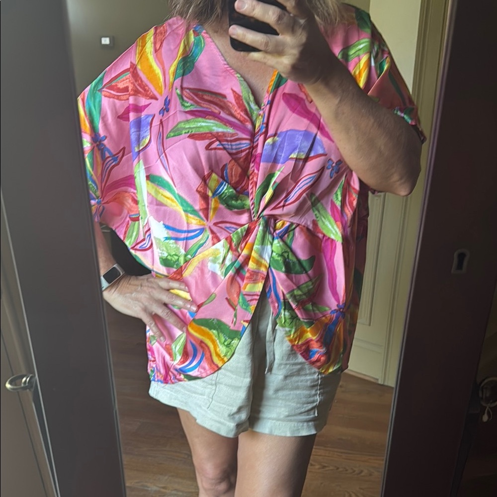Umgee Peach Pink Tropical Floral Multicolor relaxed fit oversized silky blouse - Picture 6 of 6